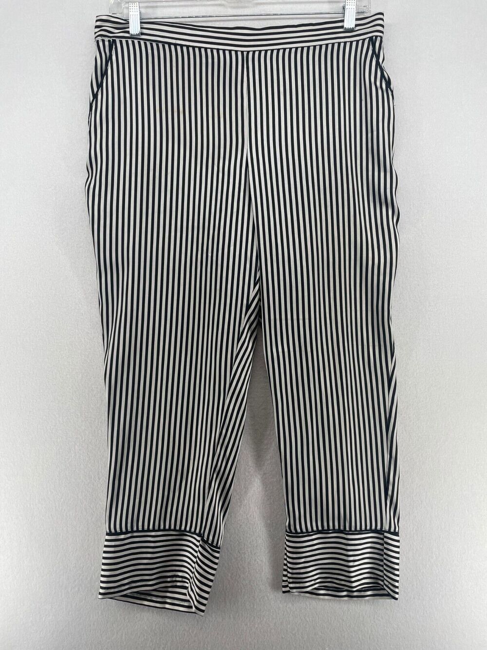WHO WHAT WEAR Pants XL Striped Straight Leg Pajama Twill Crop Pull On Black